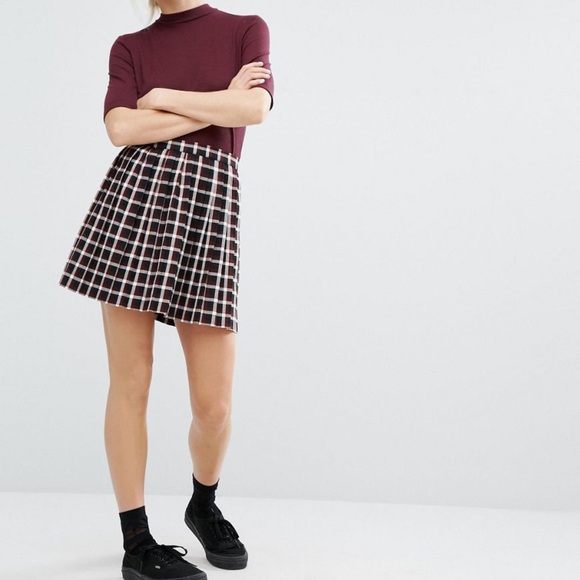 Monki Check Print Pleated Mini Dark Academia Skirt - Picture 1 of 8
